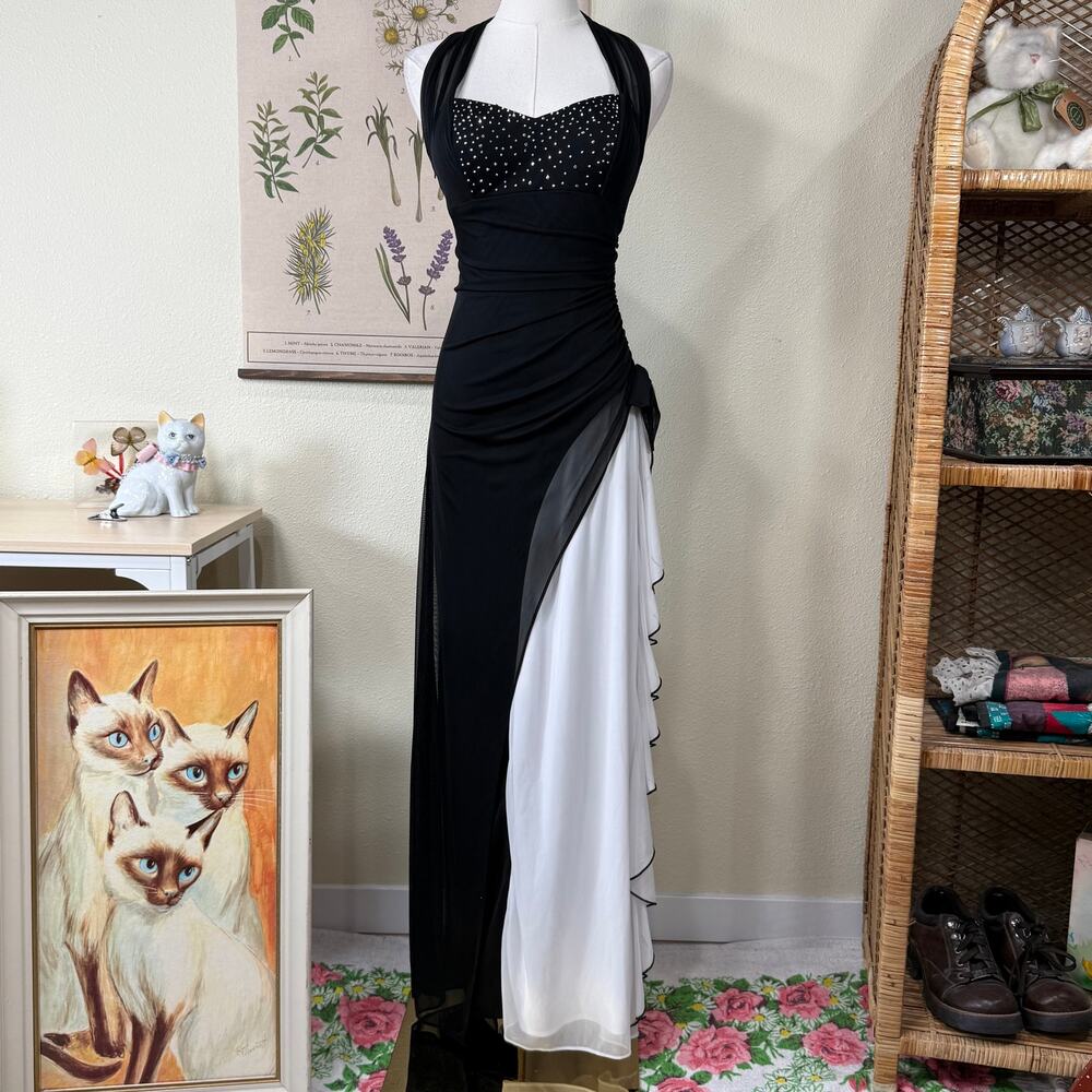 Vtg 90s Y2K Ruched Ruffle Halter Formal Dress Sexy Romantic Dark Coquette Prom 3